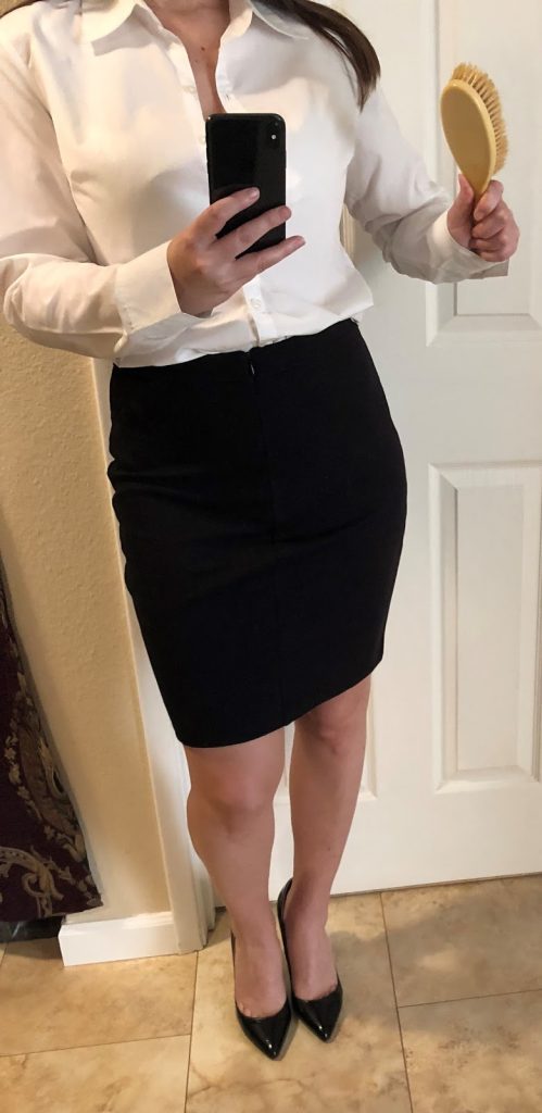 black skirt white blouse Seattle spanker, Seattle spanking, professional disciplinarian Miss Jenn Davis hairbrush spanking