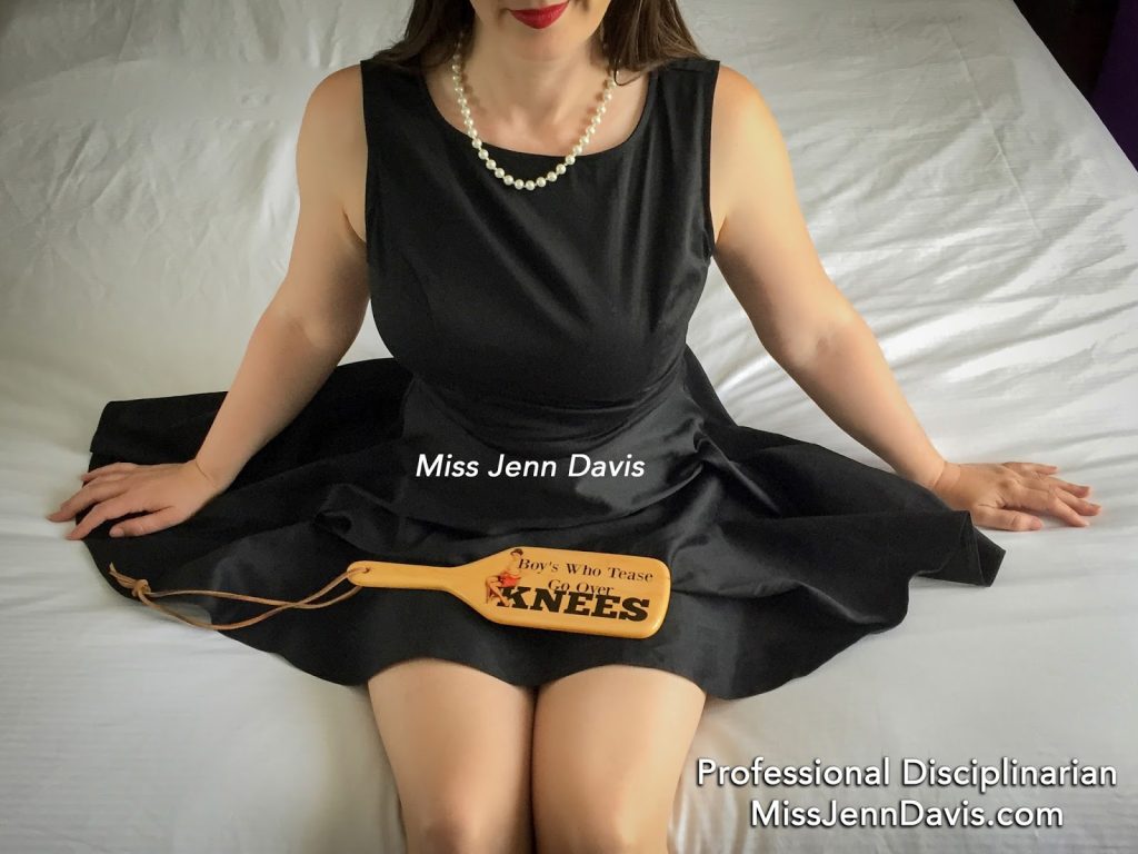 Boys who tease go over knees, Seattle spanker, Seattle spanking, professional disciplinarian Miss Jenn Davis, spanking paddle, lap, OTK