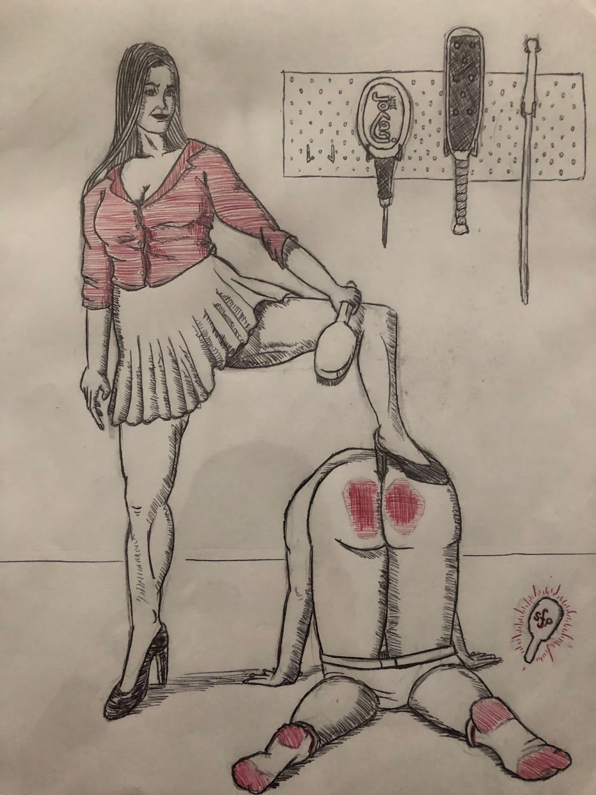 spanking art, red bottom, hairbrush spanking, Femdom art