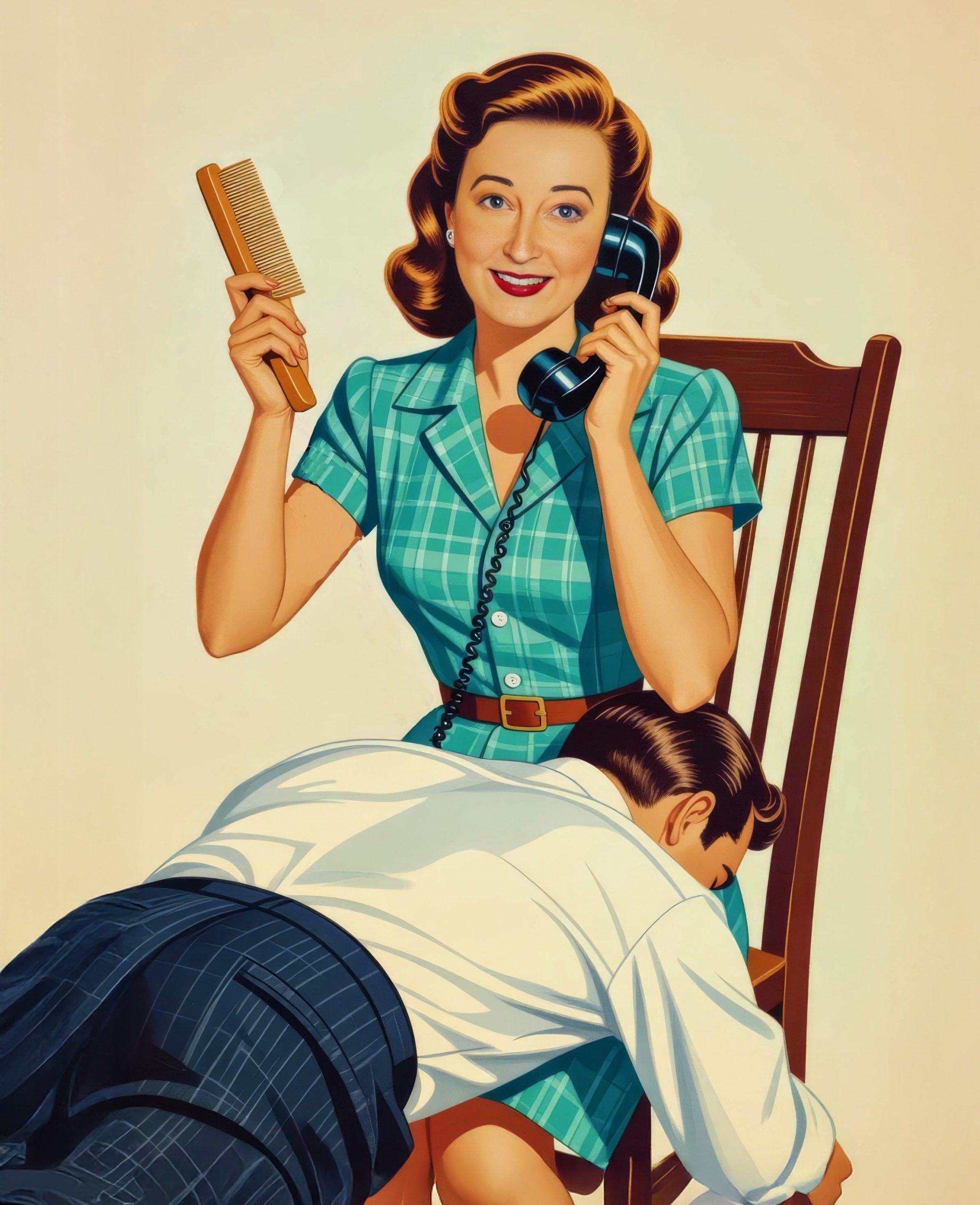 Phone spanking. Professional Disciplinarian holding a hairbrush and spanking naughty boy while on the phone